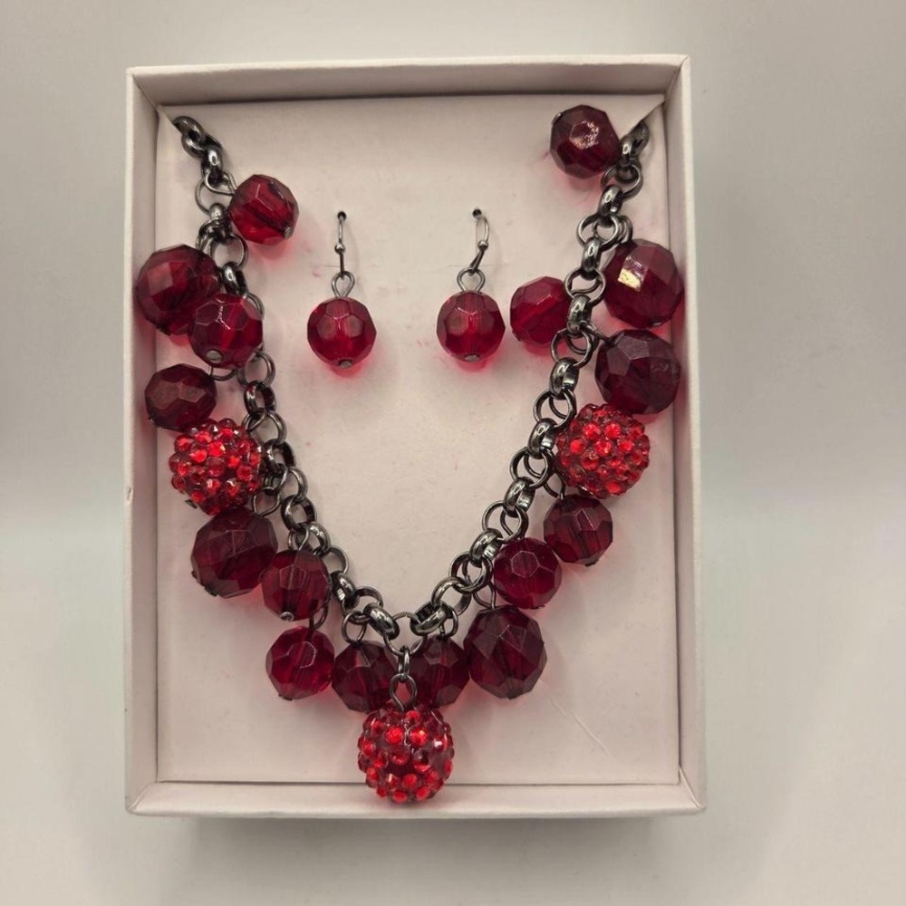 Red Beaded Necklace and Earring Set